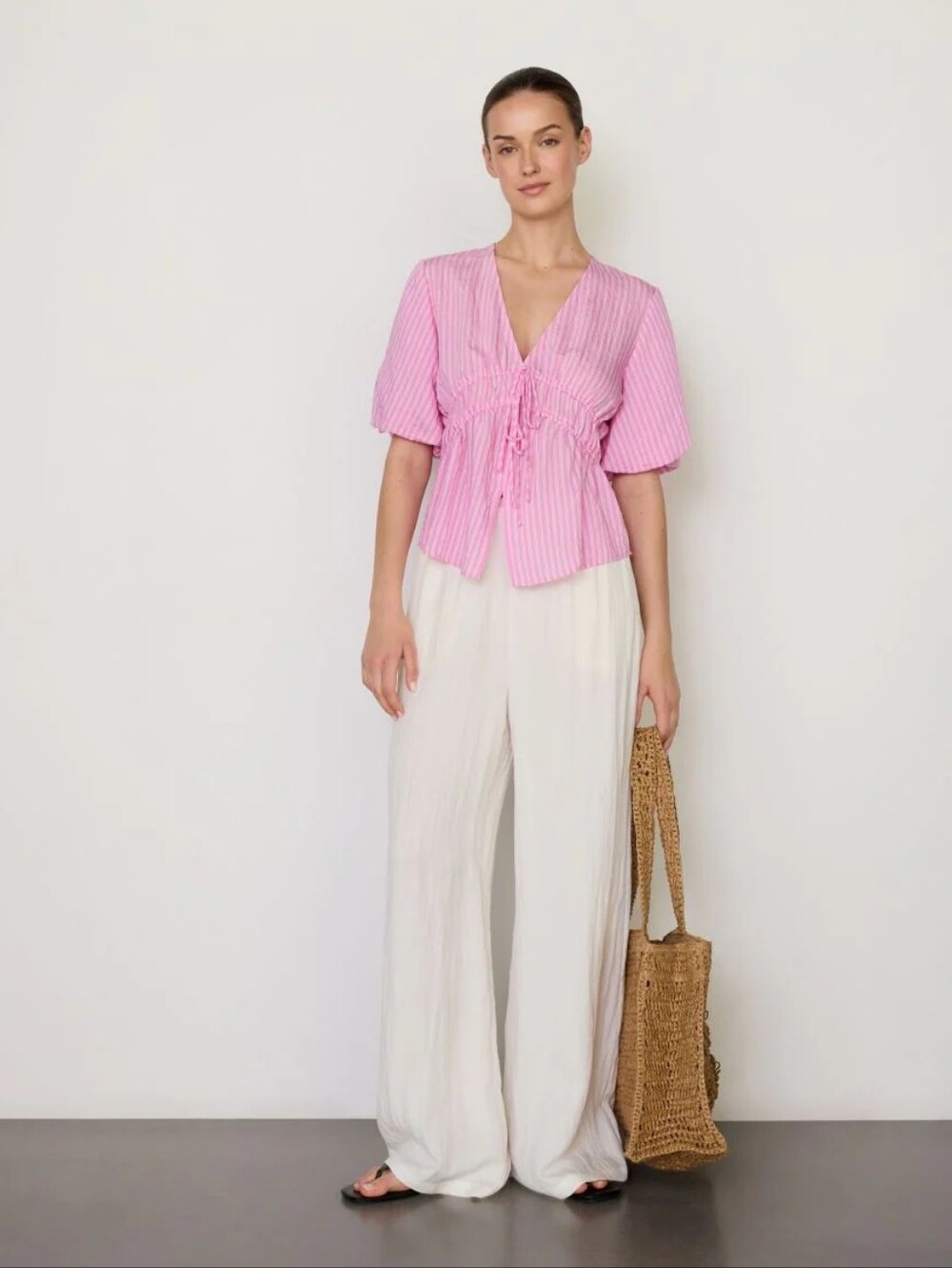 Zara Cotton Poplin V-Neck Puff Sleeve Pink Striped Tie Front Peplum Top Blouse S